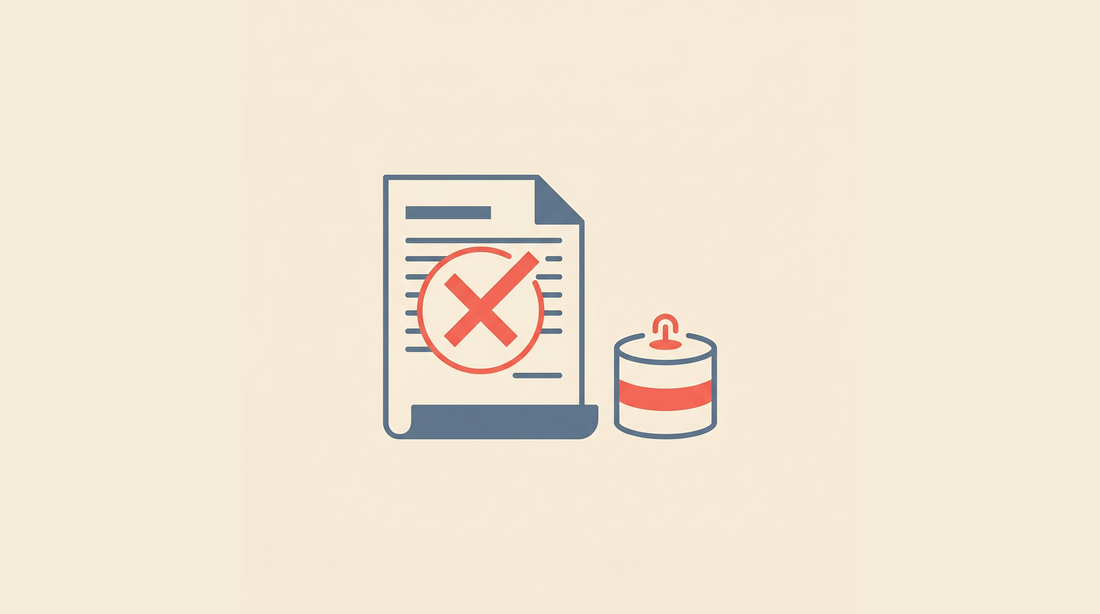 Flat-vector illustration of a home insurance policy document with a red X stamp next to a radon detector on a cream background