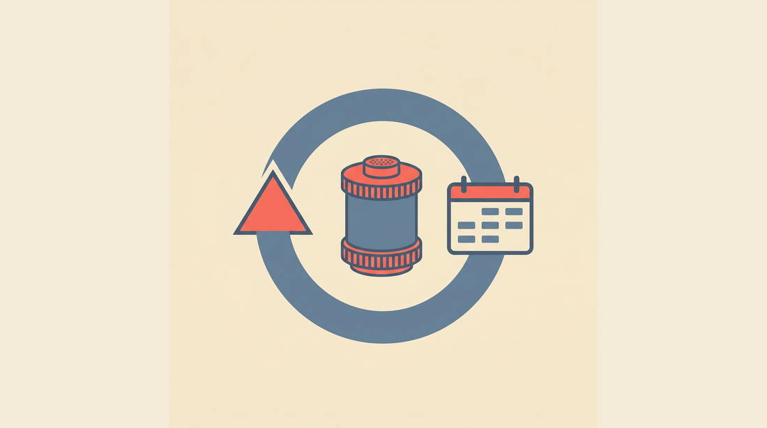 Flat-vector illustration of a cycle arrow around a radon detector canister with a calendar icon on a cream background