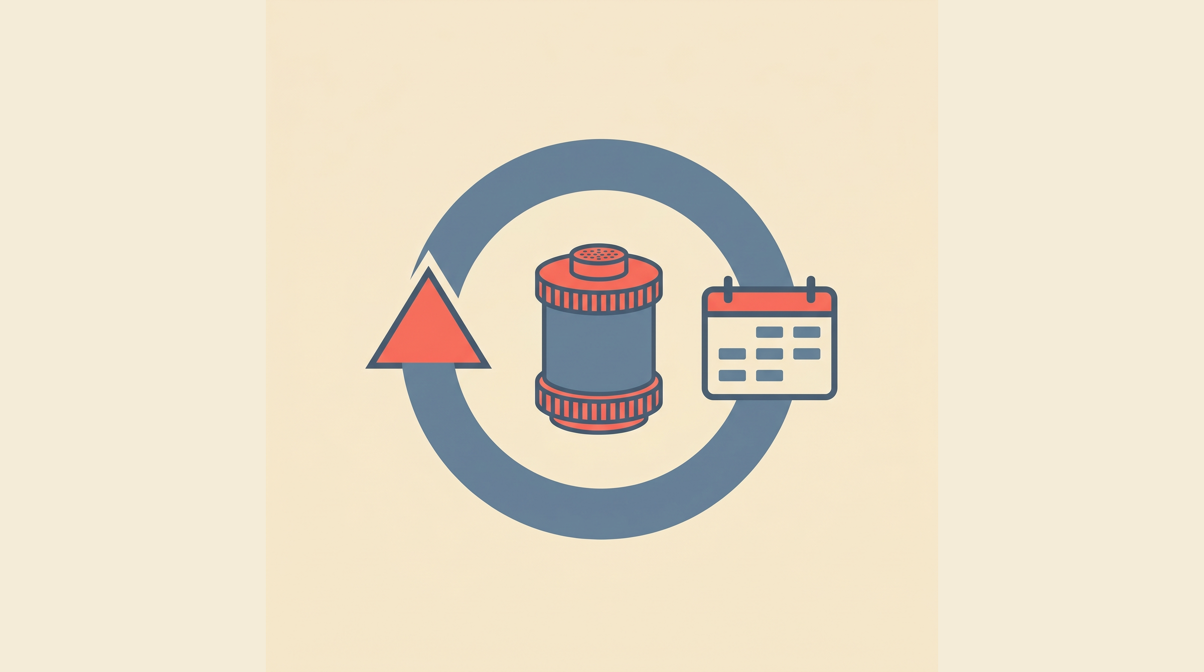 Flat-vector illustration of a cycle arrow around a radon detector canister with a calendar icon on a cream background