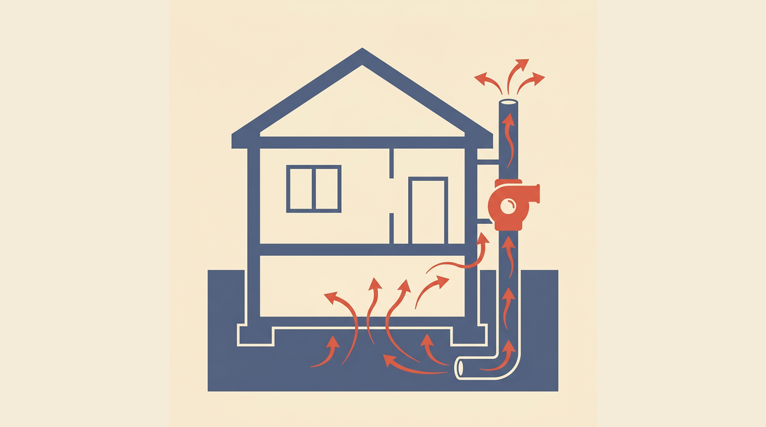 Flat-vector illustration of a house cross-section with a sub-slab depressurization pipe and radon mitigation fan on a cream background