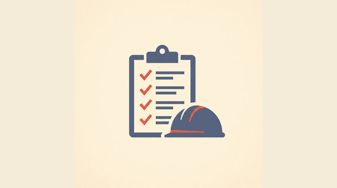 Flat-vector illustration of a clipboard checklist with checkmarks beside a contractor hard hat — choosing a certified radon mitigator in Canada