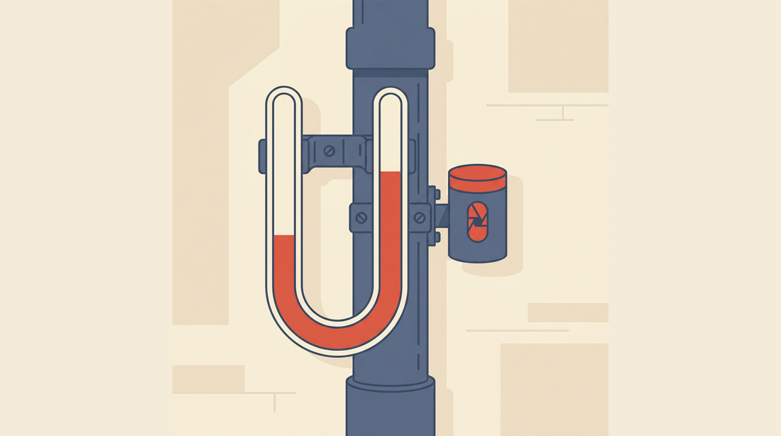 Flat-vector illustration of a radon mitigation system U-tube manometer and an alpha-track detector canister on a cream background
