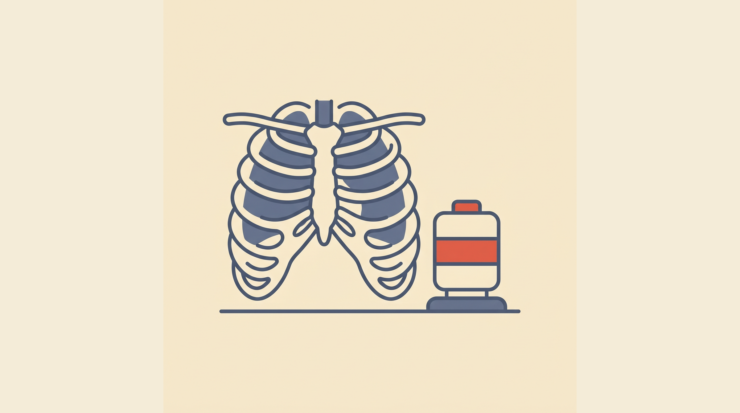 Flat-vector illustration of a stylized ribcage with lung outlines and a radon detector canister on a cream background