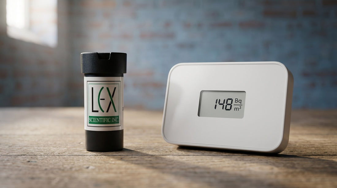Product photo of an L-X Scientific Inc. alpha-track radon test canister (showing the green-accented L-X SCIENTIFIC INC. label) next to a modern white digital radon monitor displaying a numeric reading, on a Canadian basement workbench
