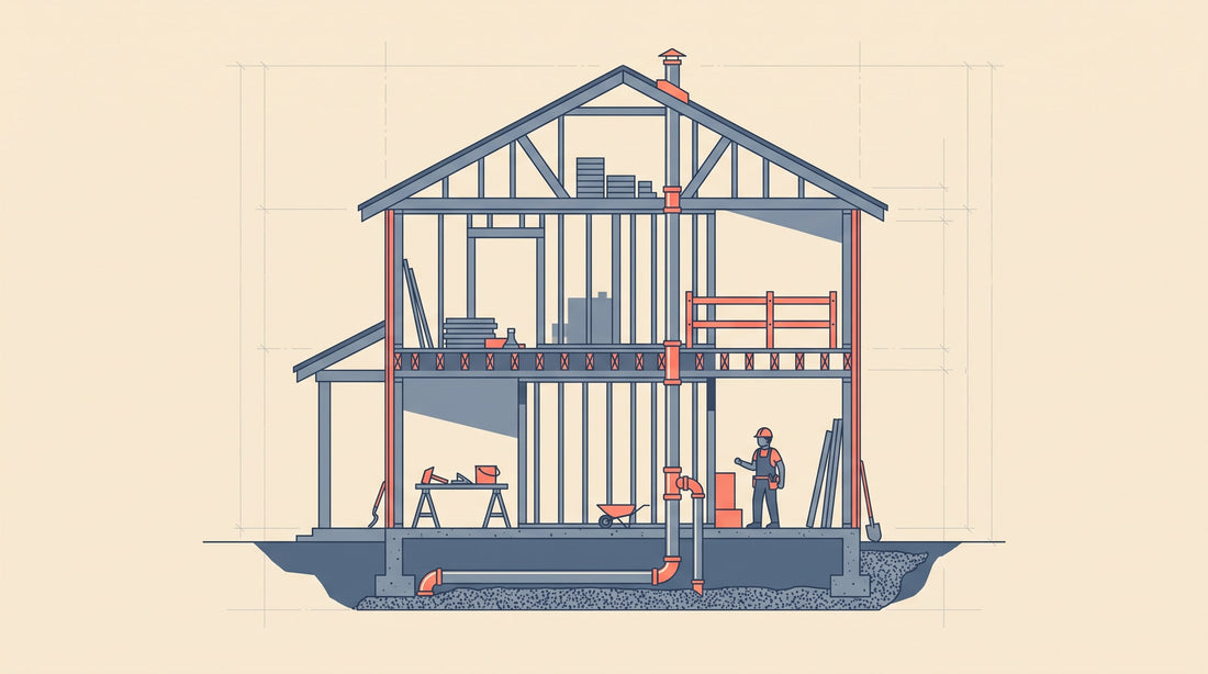Flat-vector house cross-section with a radon vent pipe rough-in under the slab — Quebec Building Code and radon