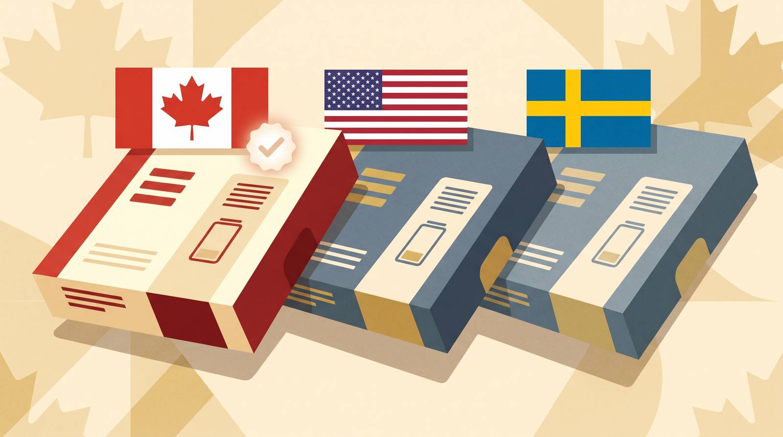Editorial flat-vector illustration showing three radon test-kit boxes side-by-side under their country flags — Canadian (highlighted), American, and Swedish — comparing all-Canadian, US, and Swedish-owned test options for the Canadian market