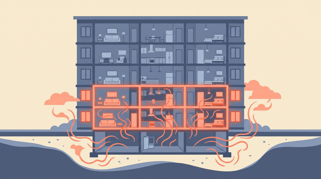 Flat-vector condominium cross-section with radon rising into lower units — radon in a Quebec condo