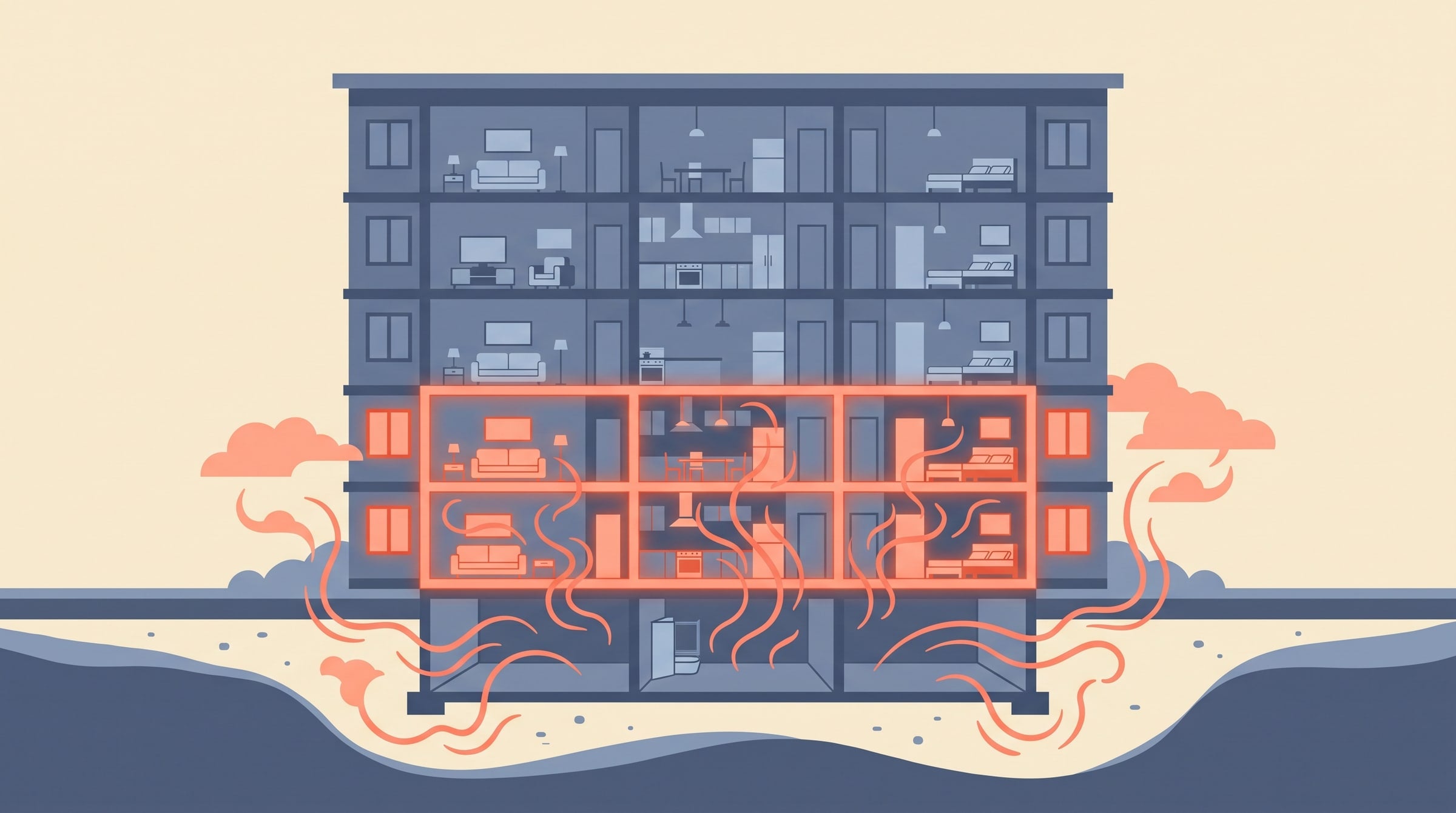 Flat-vector condominium cross-section with radon rising into lower units — radon in a Quebec condo