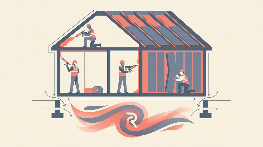Flat-vector house being air-sealed with radon trapped inside — radon and energy retrofits in Quebec