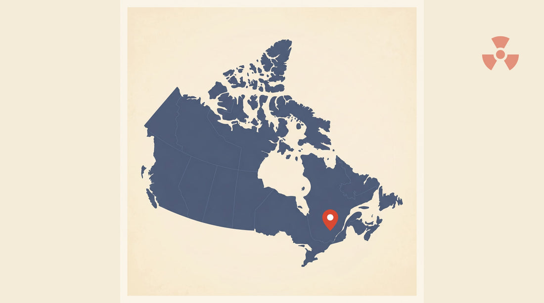 Map of Canada with a pin on the Eastern Townships — radon in Estrie (Magog, Coaticook), Quebec