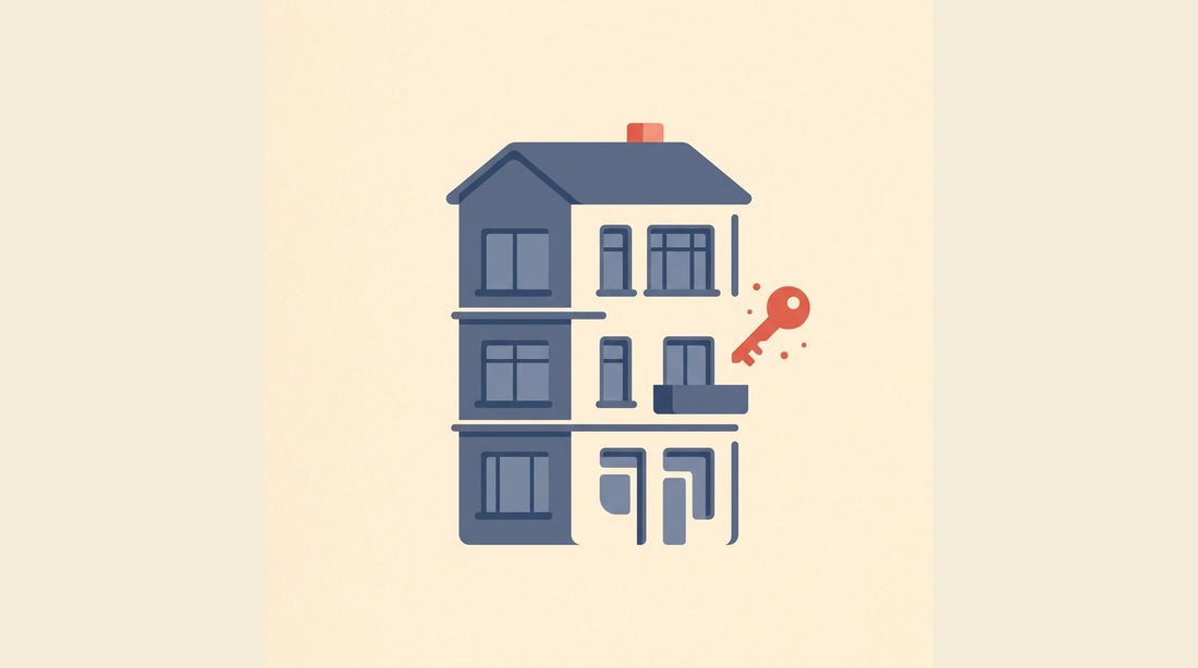 Flat-vector illustration of a multi-unit rental building with a key — radon obligations for Canadian landlords