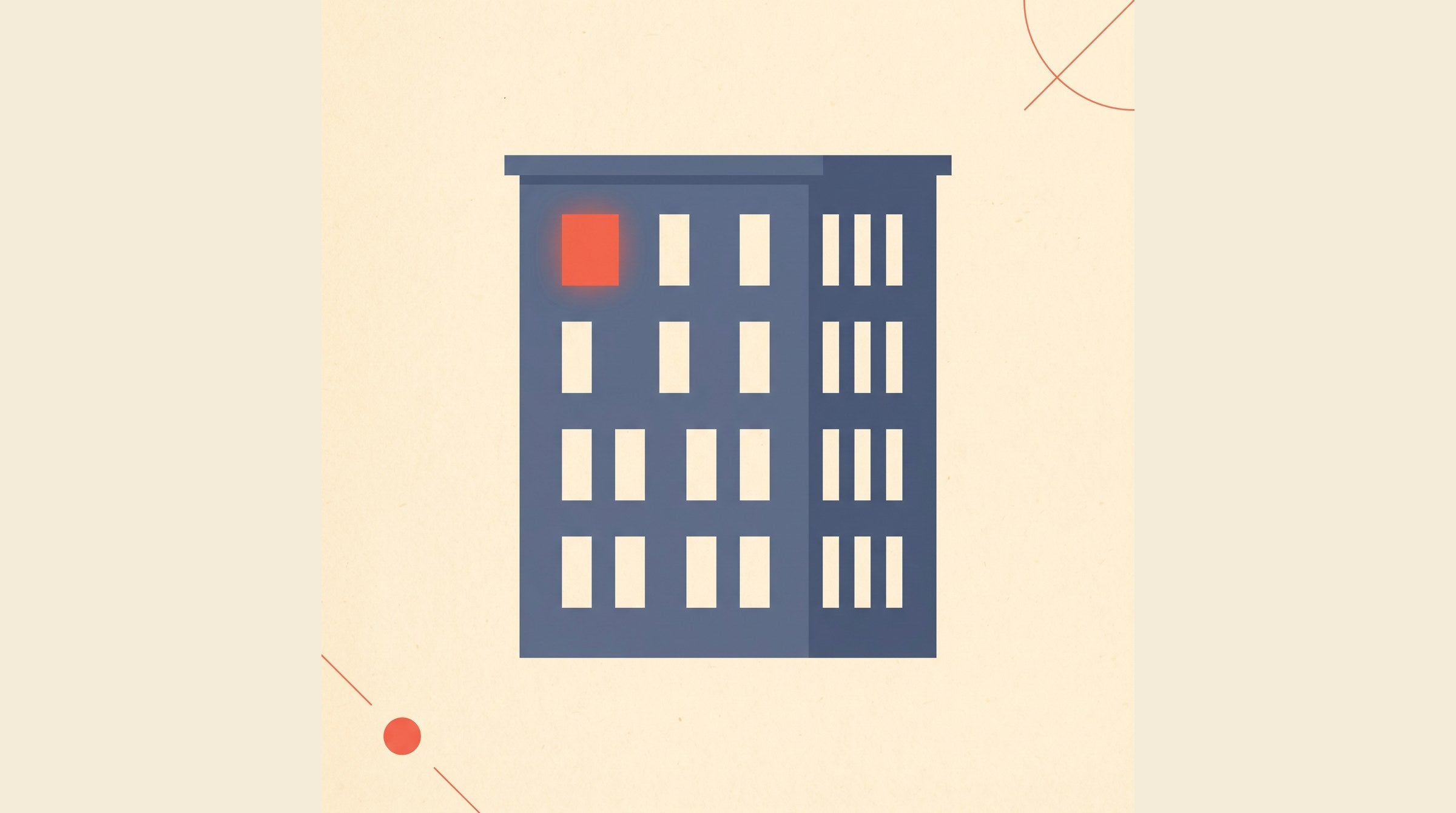 Flat-vector illustration of an apartment building with one highlighted unit window — radon information for Canadian renters