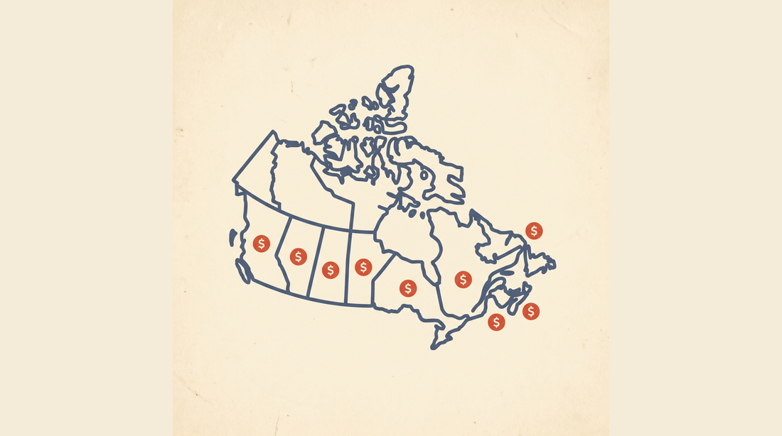 Flat-vector illustration of a Canadian map marked with dollar-sign icons across several provinces representing radon mitigation grants on a cream background