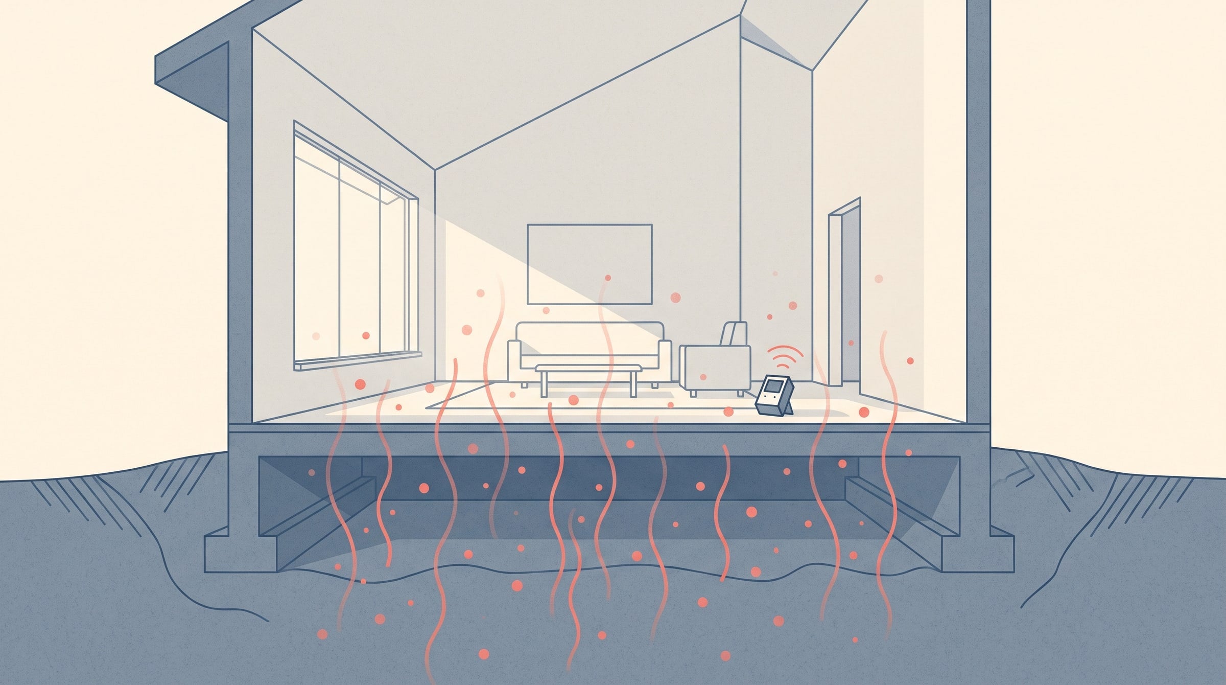 Flat illustration of a slab-on-grade house with radon gas rising from the ground into the main floor