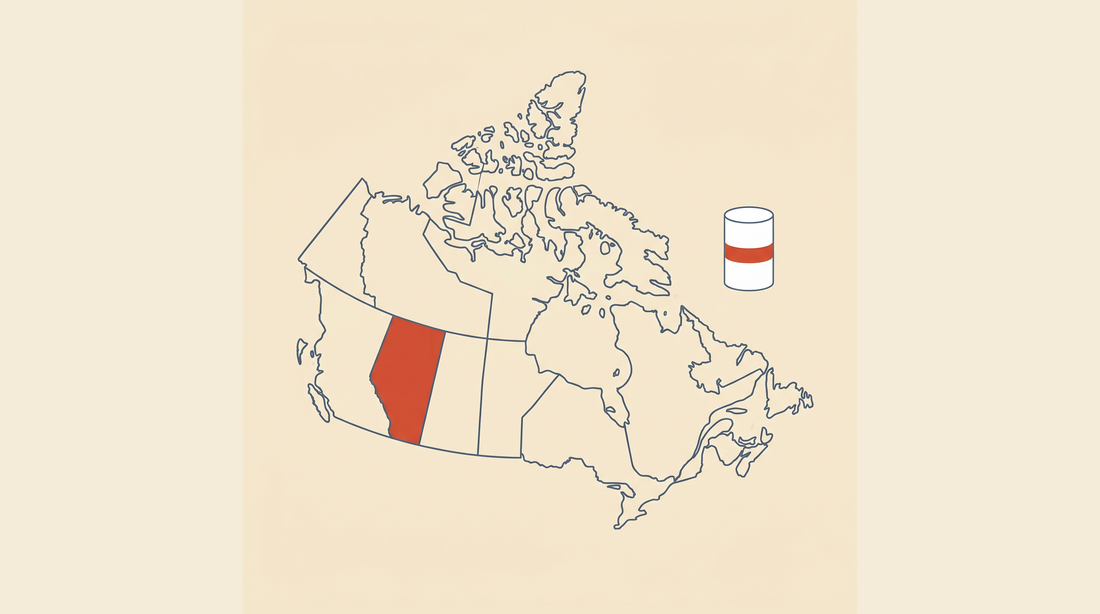 Flat-vector map of Canada with Alberta highlighted in coral on a cream background, next to a radon detector canister