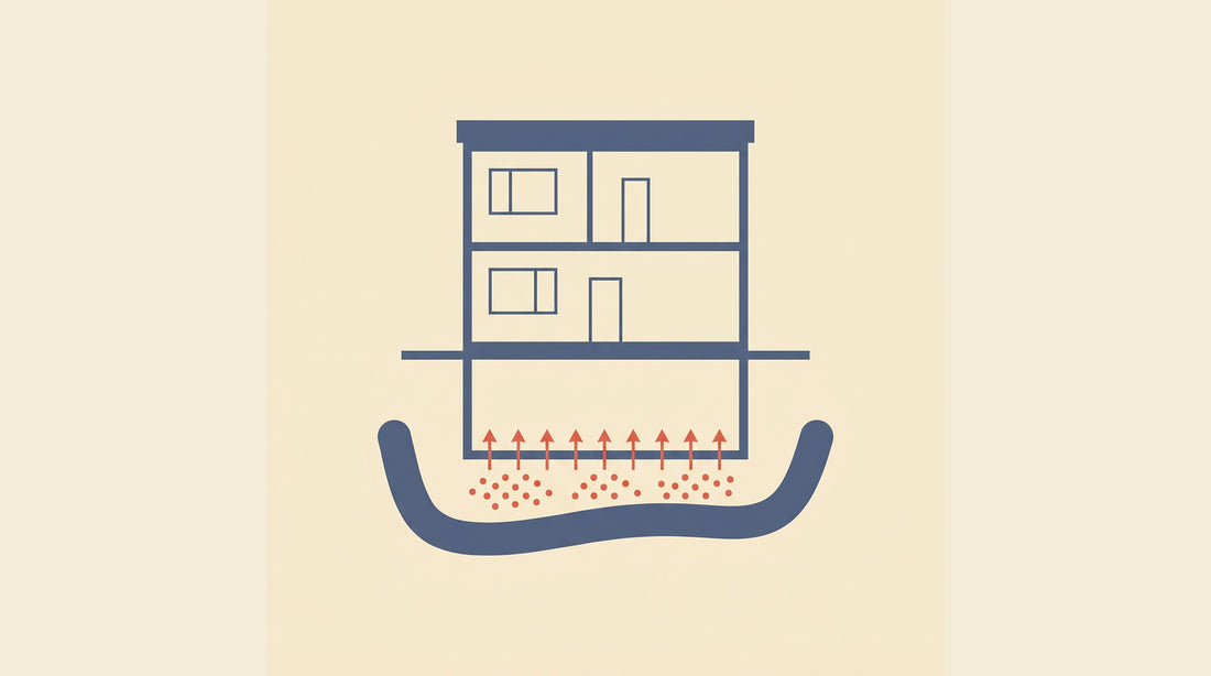 Flat-vector house cross-section showing radon gas rising into the basement — radon in basements in Canada