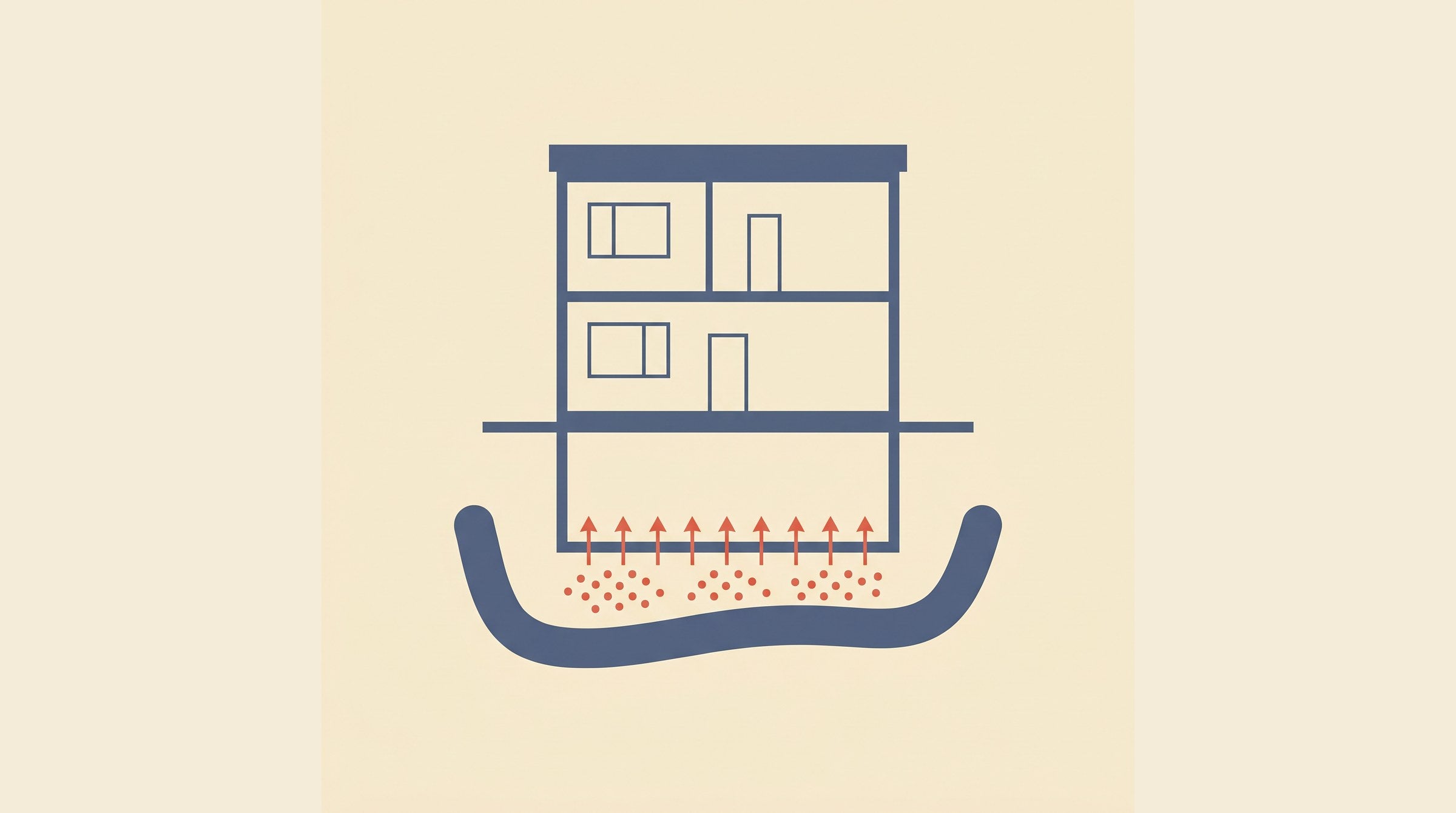 Flat-vector house cross-section showing radon gas rising into the basement — radon in basements in Canada