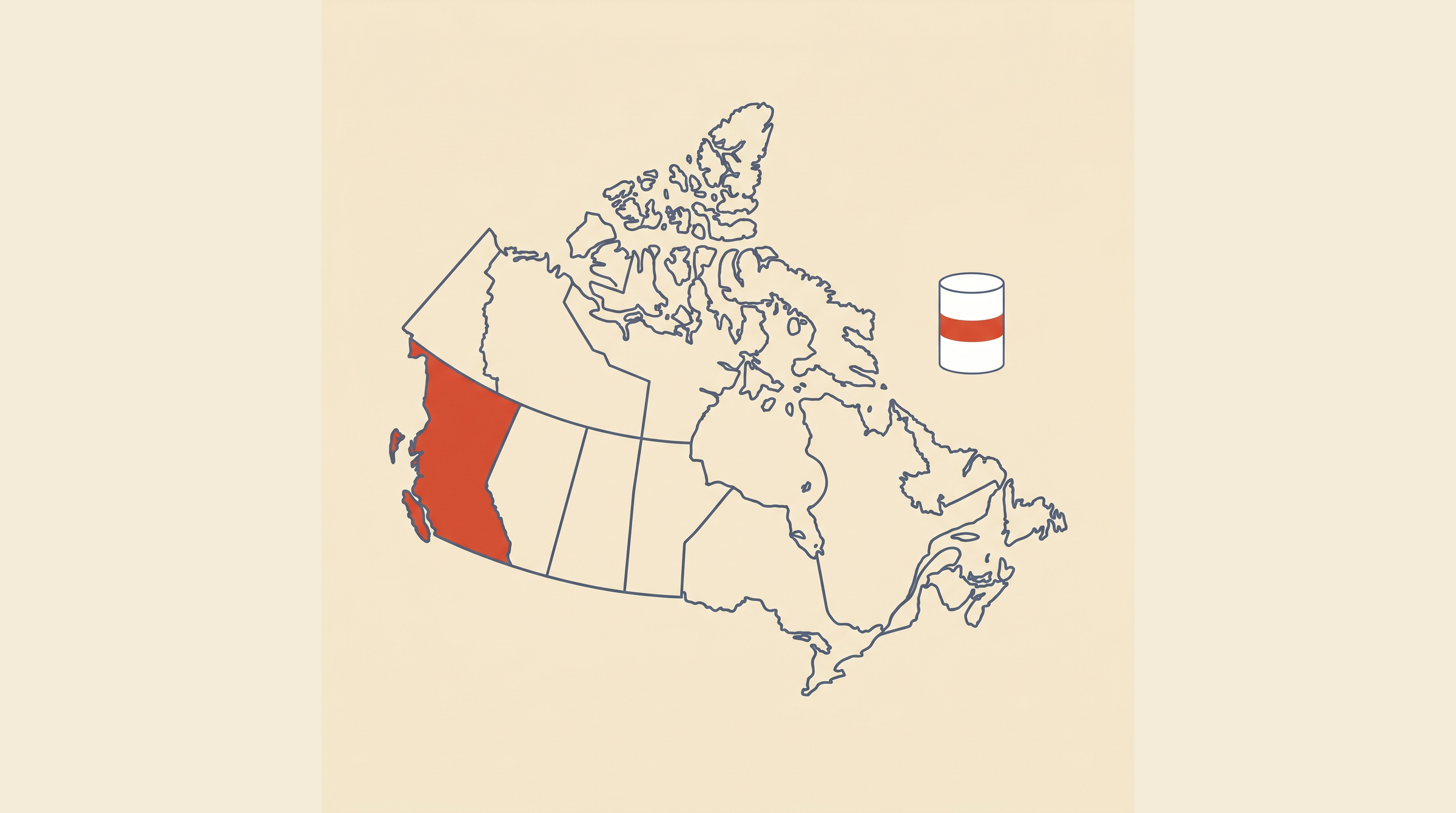 Flat-vector map of Canada with British Columbia highlighted in coral on a cream background, next to a radon detector canister