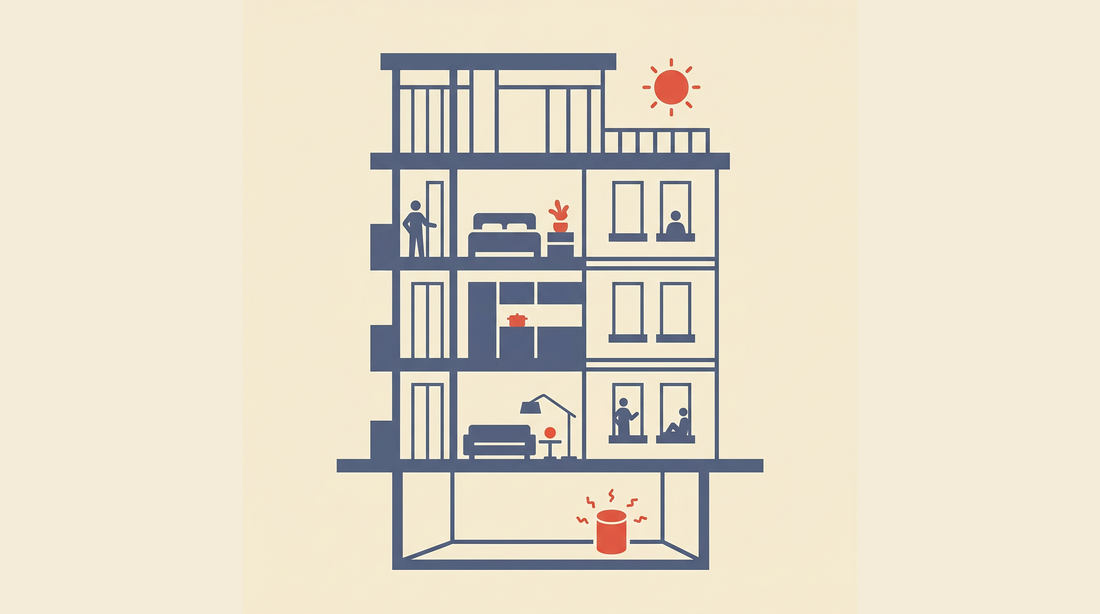 Flat-vector illustration of a multi-storey condo building cross-section with a radon detector in the lowest unit on a cream background