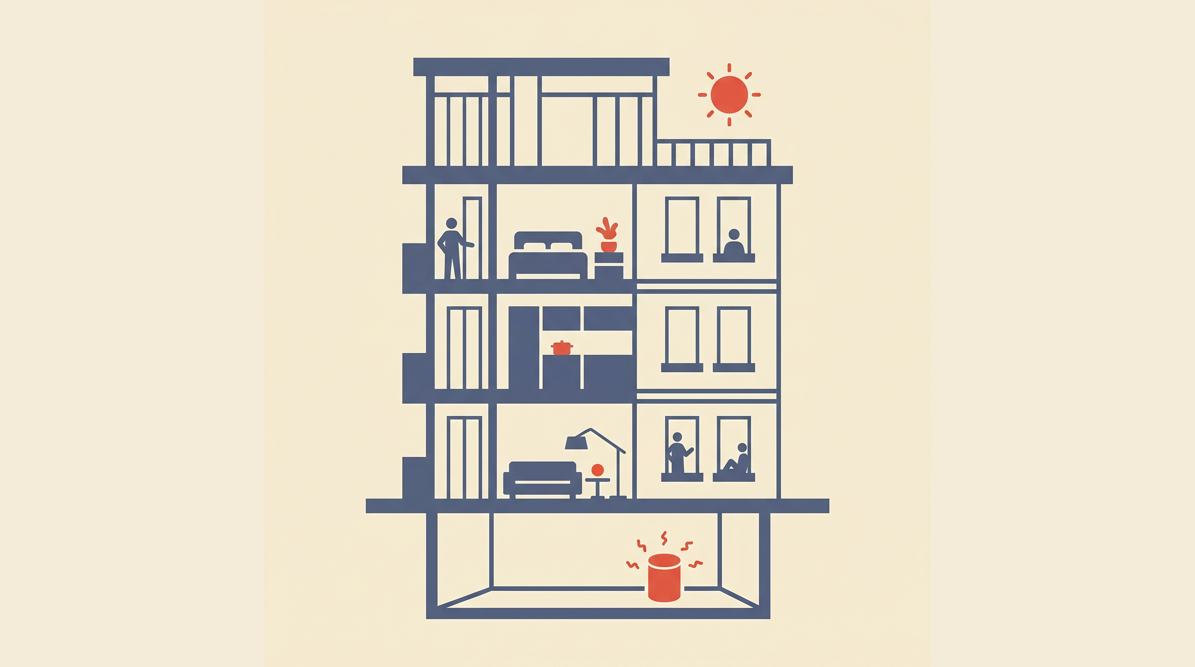 Flat-vector illustration of a multi-storey condo building cross-section with a radon detector in the lowest unit on a cream background