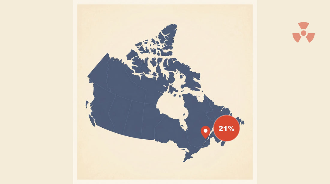 Flat-vector map of Canada with a coral red pin marking Fredericton, New Brunswick, alongside a circular badge showing 21% — New Brunswick's leading provincial share of homes above the Health Canada radon guideline