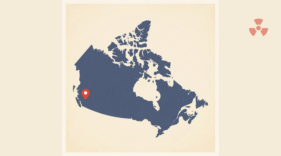 Flat-vector map of Canada with a marker pin at Kamloops, BC — radon testing in Kamloops, BC
