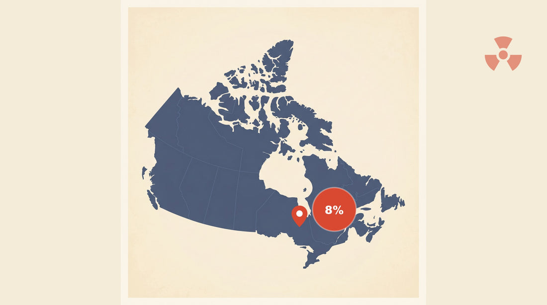 Flat-vector map of Canada with a coral red pin marking Kingston, Ontario, alongside a circular badge showing 8% — Ontario's provincial share of homes above the Health Canada radon guideline