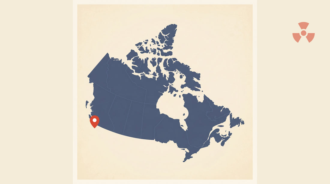 Flat-vector map of Canada with a marker pin at Langley, BC — radon testing in Langley, BC