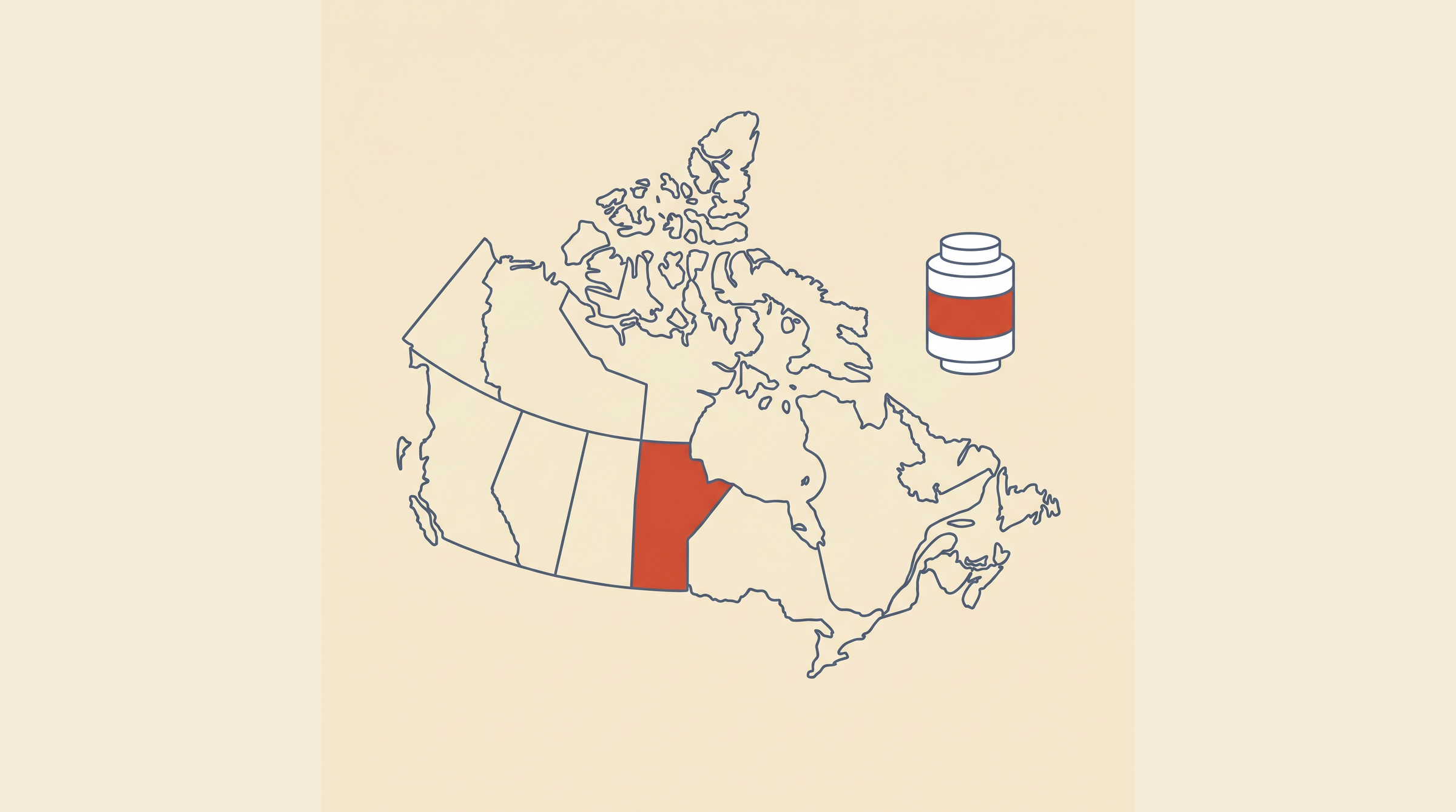 Flat-vector map of Canada with Manitoba highlighted in coral on a cream background, next to a radon detector canister