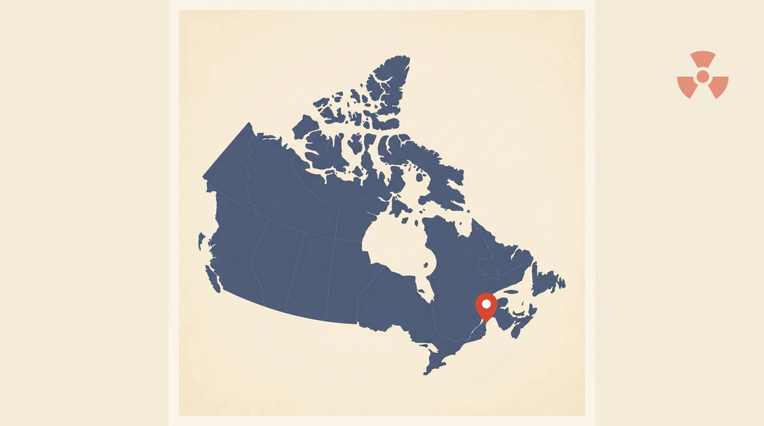 Flat-vector map of Canada with a marker pin at Moncton, NB — radon testing in Moncton, NB