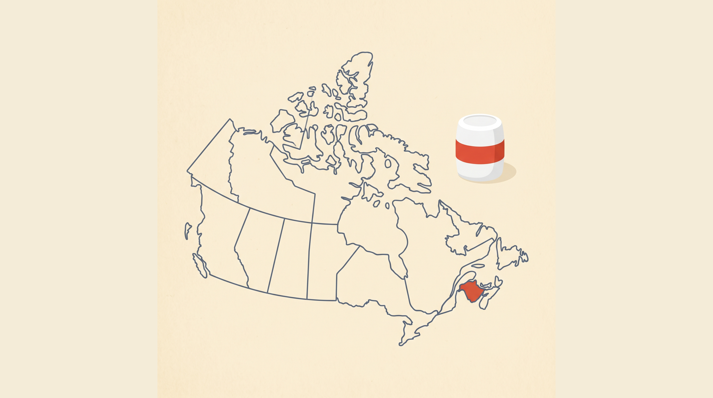 Flat-vector map of Canada with New Brunswick highlighted in coral on a cream background, next to a radon detector canister