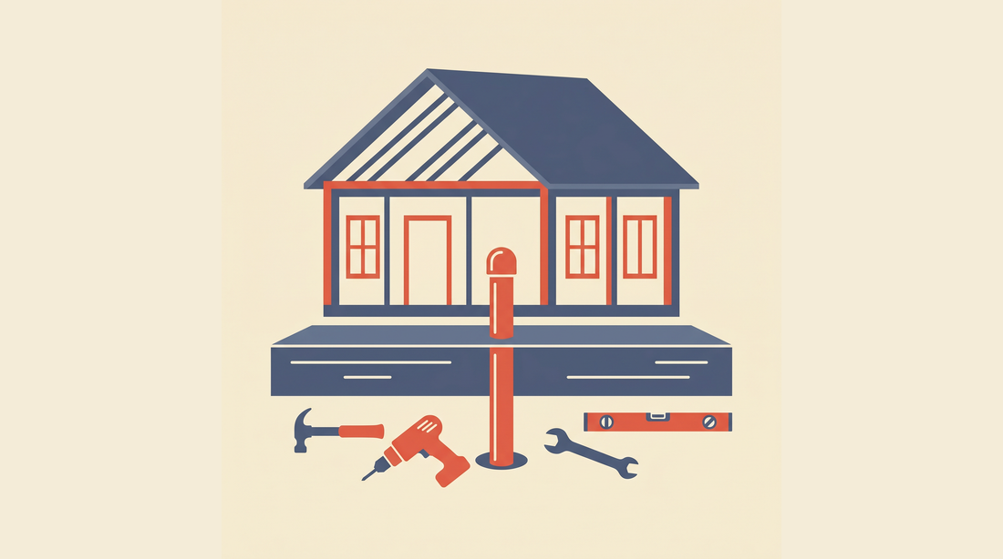 Flat-vector illustration of a newly-built home cross-section showing a radon rough-in pipe through the foundation slab on a cream background