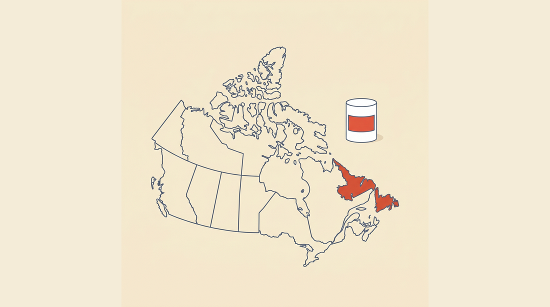 Flat-vector map of Canada with Newfoundland and Labrador highlighted in coral on a cream background, next to a radon detector canister