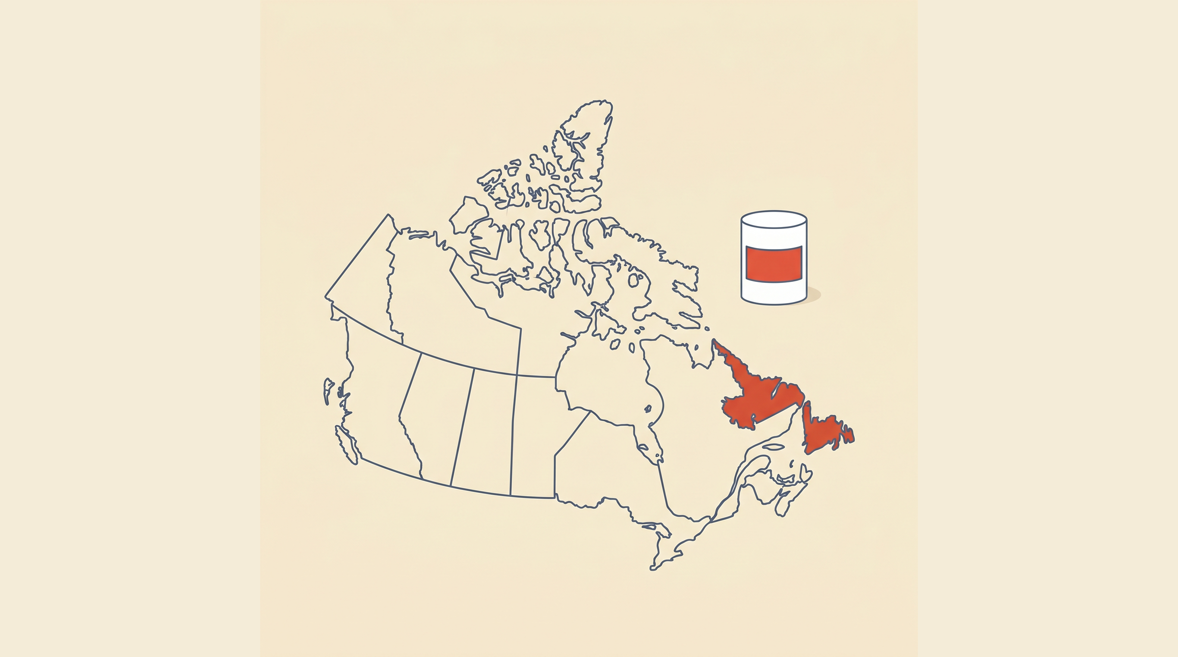 Flat-vector map of Canada with Newfoundland and Labrador highlighted in coral on a cream background, next to a radon detector canister