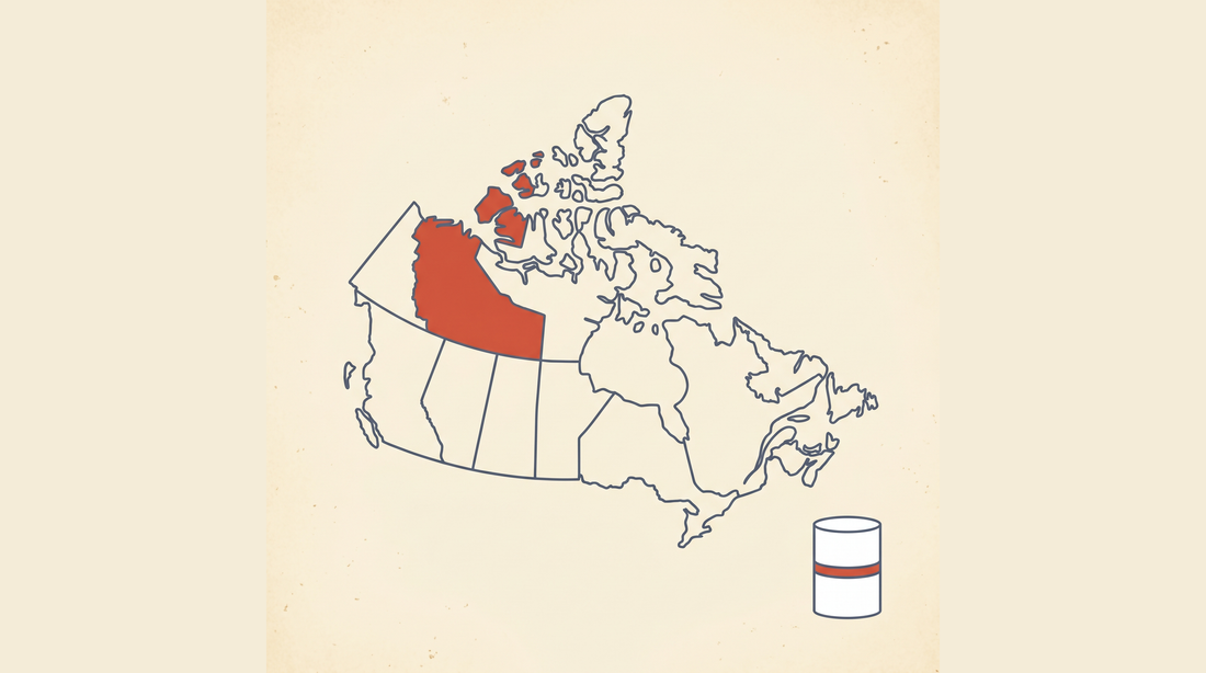 Flat-vector map of Canada with the Northwest Territories highlighted in coral on a cream background, next to a radon detector canister