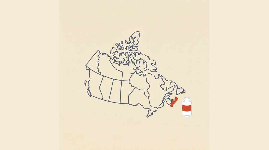 Flat-vector map of Canada with Nova Scotia highlighted in coral on a cream background, next to a radon detector canister