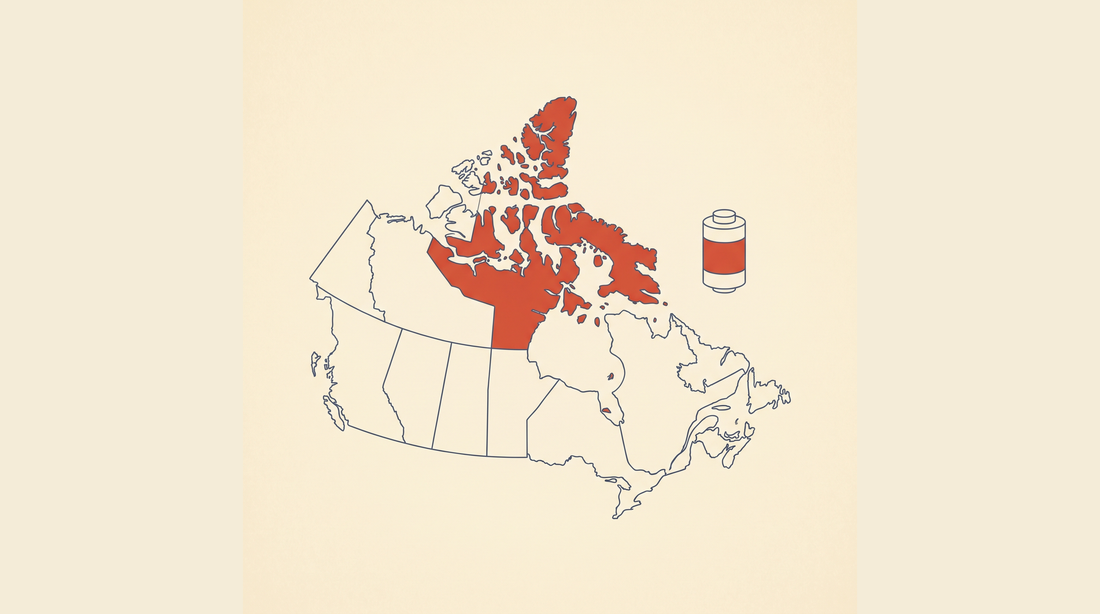 Flat-vector map of Canada with Nunavut highlighted in coral on a cream background, next to a radon detector canister