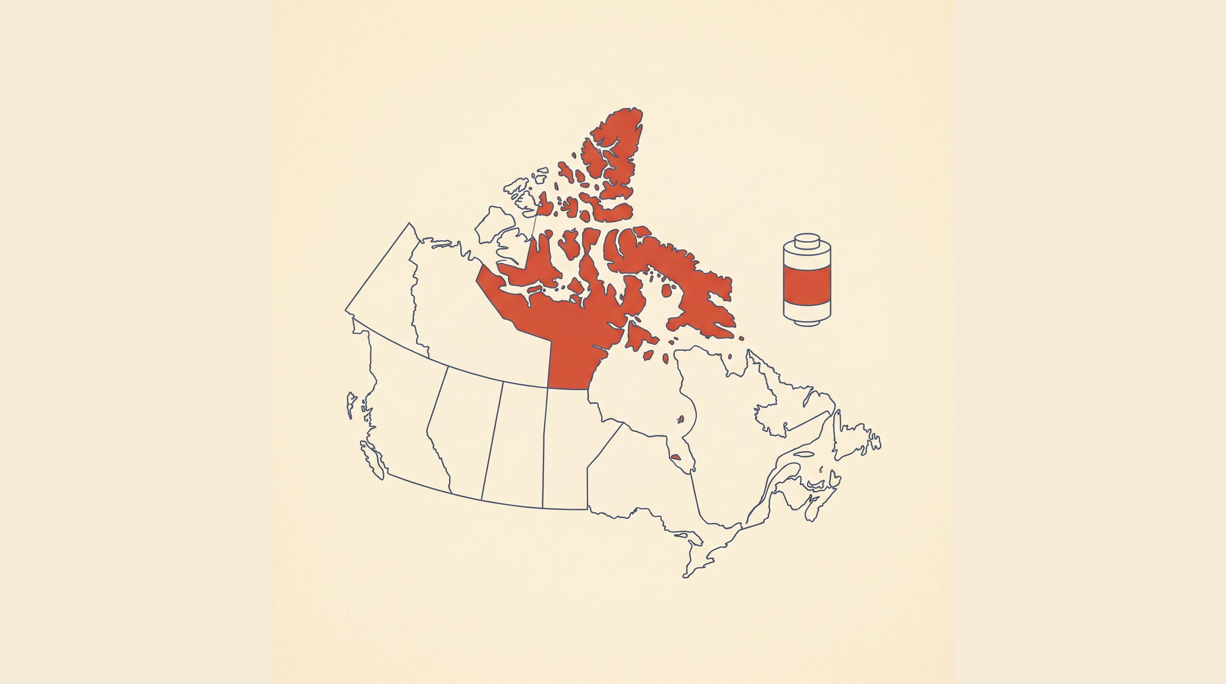 Flat-vector map of Canada with Nunavut highlighted in coral on a cream background, next to a radon detector canister