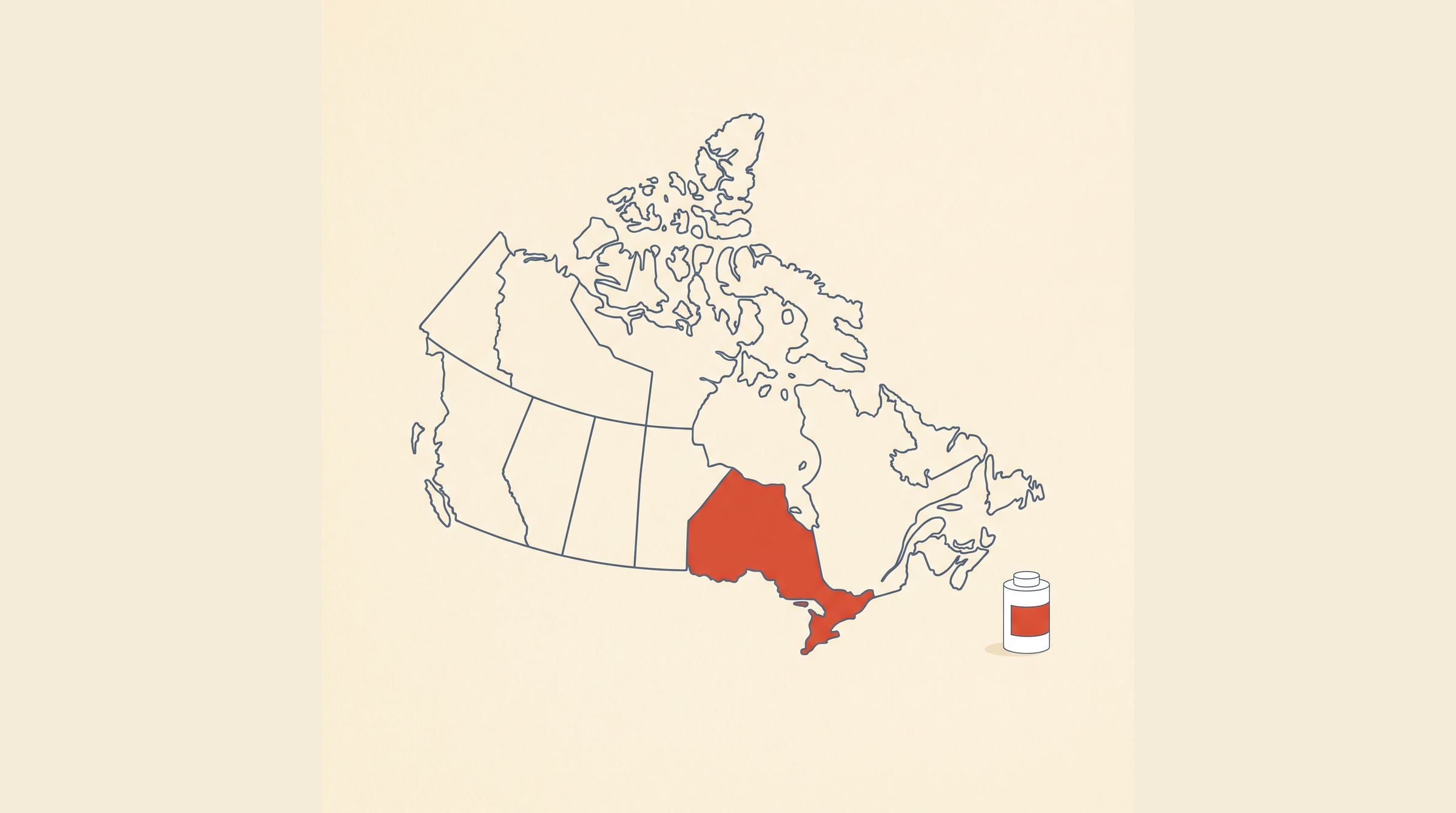 Flat-vector map of Canada with Ontario highlighted in coral on a cream background, next to a radon detector canister