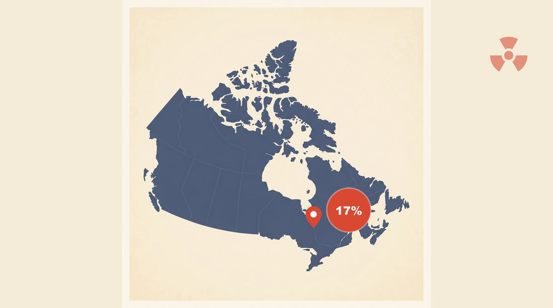 Flat-vector map of Canada with a coral red pin marking Ottawa, Ontario, alongside a circular badge showing 17% — Ottawa-Gatineau Metro share (1 in 6) of homes above the Health Canada radon guideline