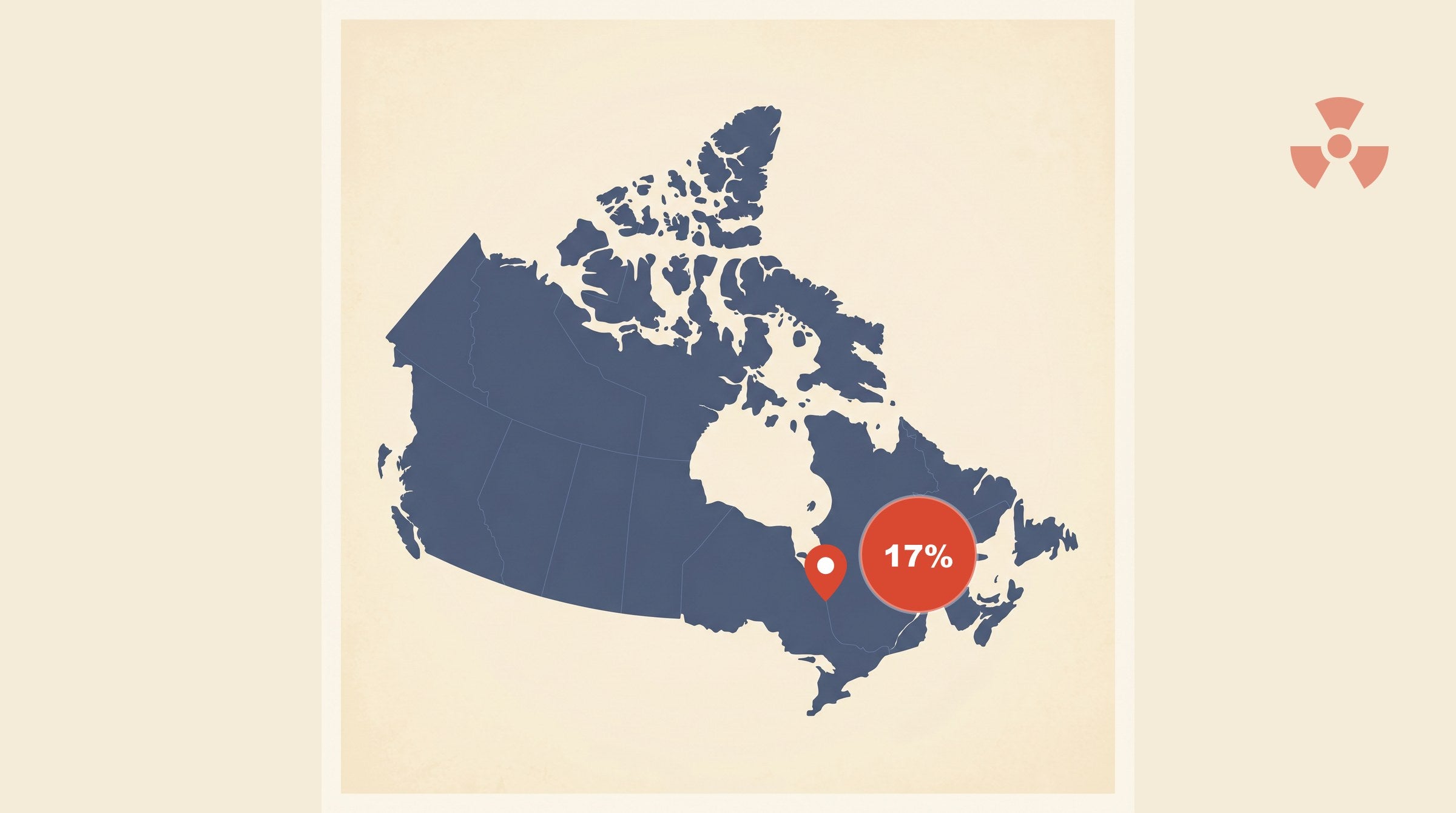 Flat-vector map of Canada with a coral red pin marking Ottawa, Ontario, alongside a circular badge showing 17% — Ottawa-Gatineau Metro share (1 in 6) of homes above the Health Canada radon guideline