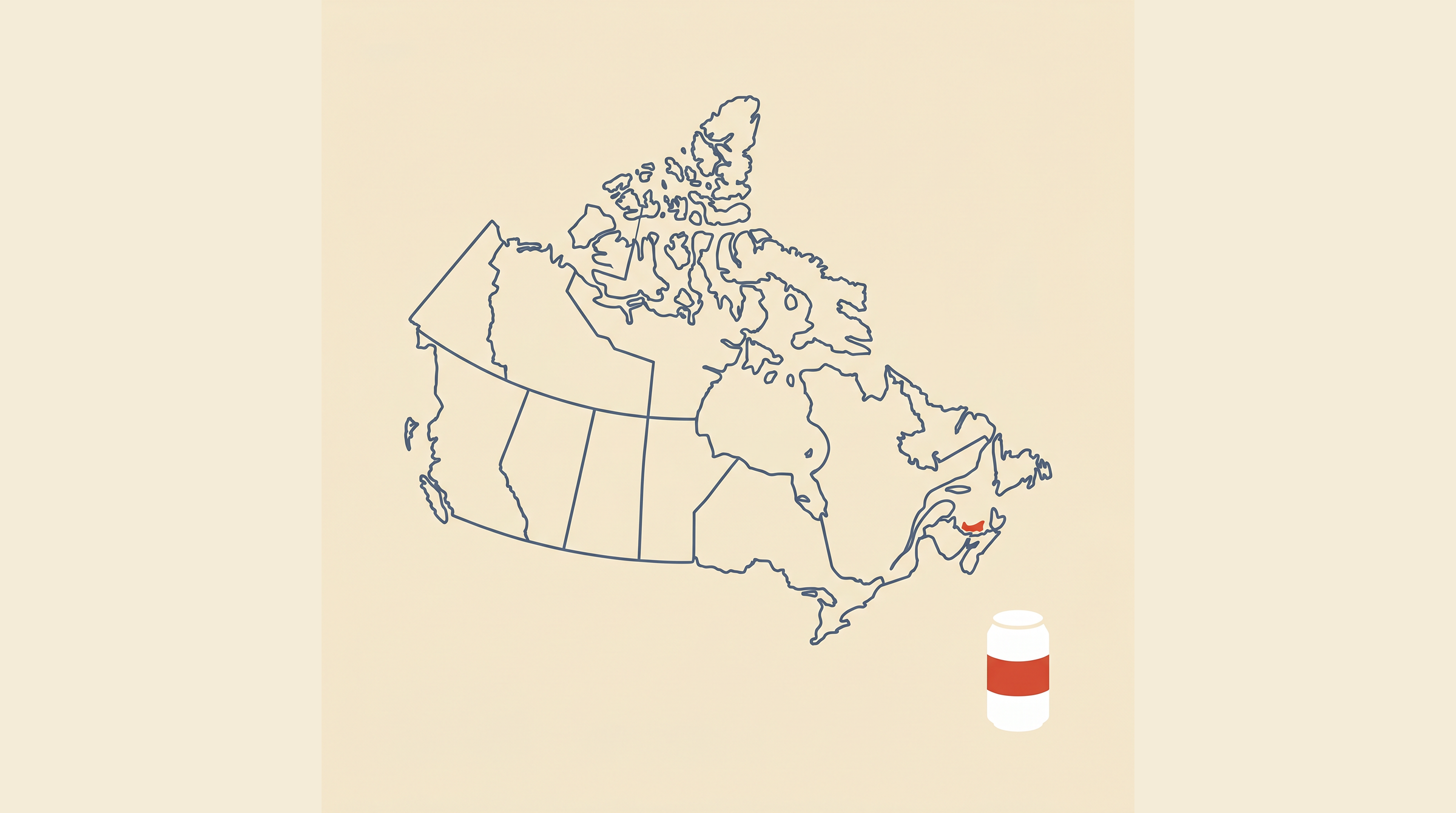Flat-vector map of Canada with Prince Edward Island highlighted in coral on a cream background, next to a radon detector canister