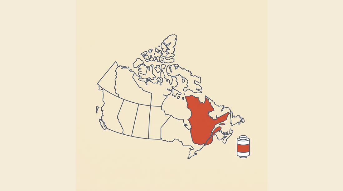 Flat-vector map of Canada with Quebec highlighted in coral on a cream background, next to a radon detector canister