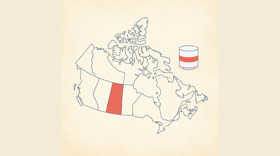 Flat-vector map of Canada with Saskatchewan highlighted in coral on a cream background, next to a radon detector canister