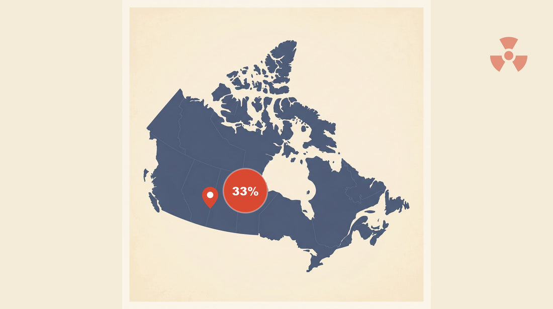Flat-vector map of Canada with a coral red pin marking Saskatoon, Saskatchewan, alongside a circular badge showing 33% — Saskatchewan's leading provincial share (1 in 3) of homes above the Health Canada radon guideline