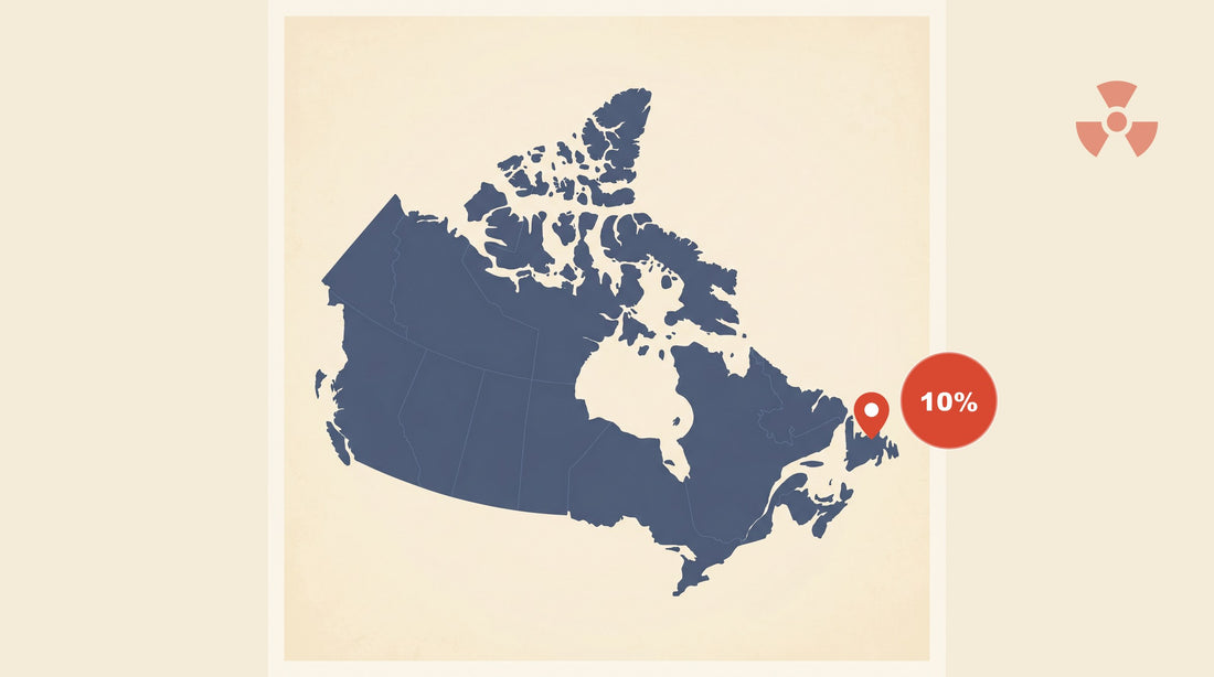 Flat-vector map of Canada with a coral red pin marking St. John's, Newfoundland and Labrador, alongside a circular badge showing 10% — share of St. John's homes above the Health Canada radon guideline per a 2024-25 local study