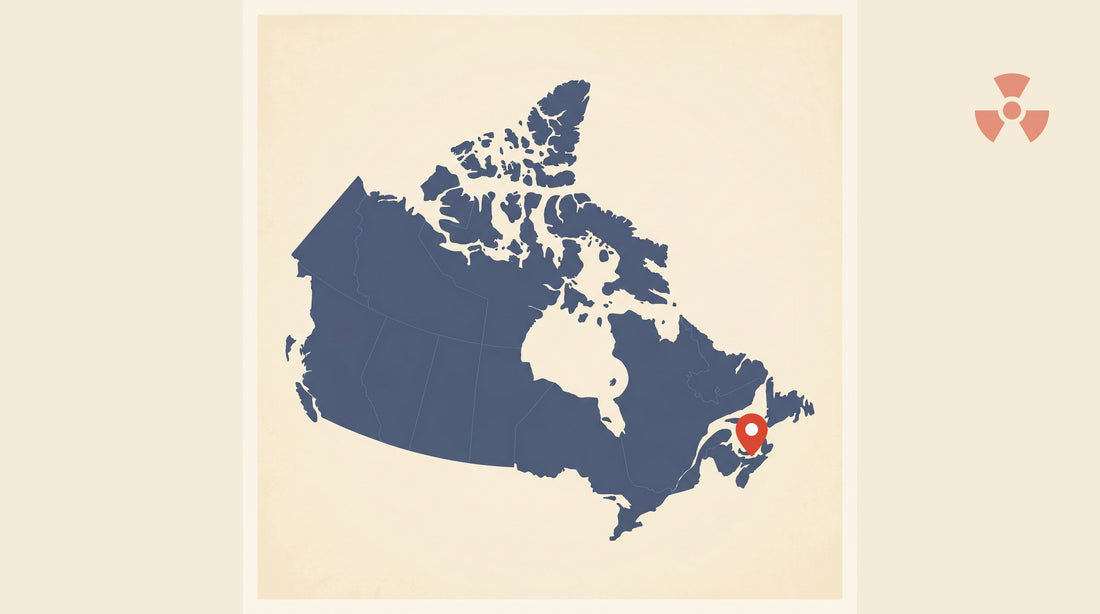 Flat-vector map of Canada with a marker pin at Sydney, NS — radon testing in Sydney, NS