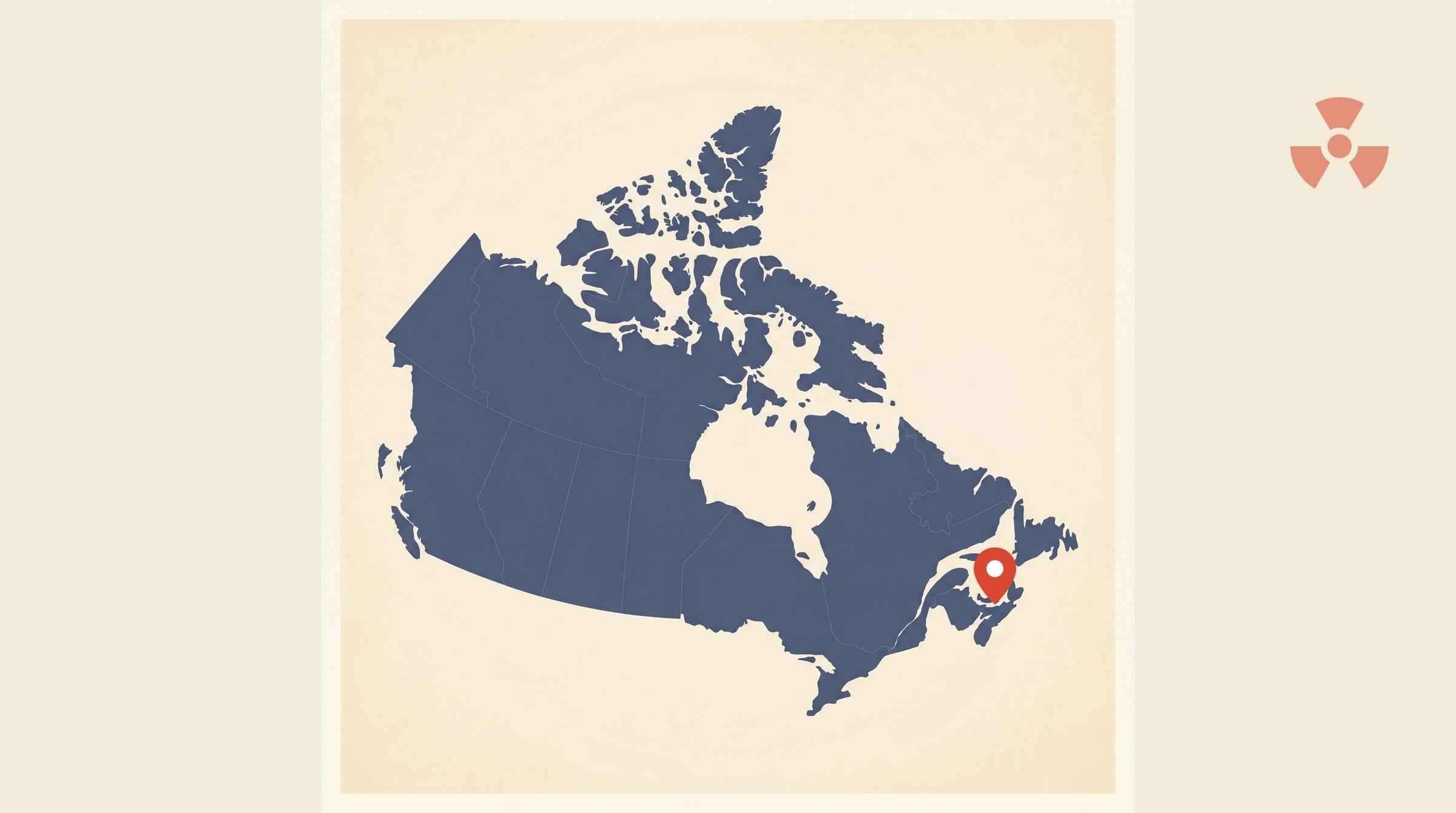 Flat-vector map of Canada with a marker pin at Sydney, NS — radon testing in Sydney, NS