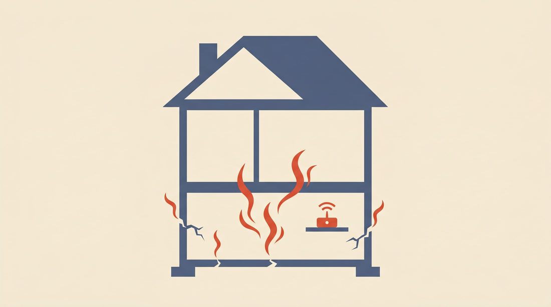 Flat-vector cutaway of a house with radon gas rising from the foundation into the lower level, with a radon detector inside — radon in your home