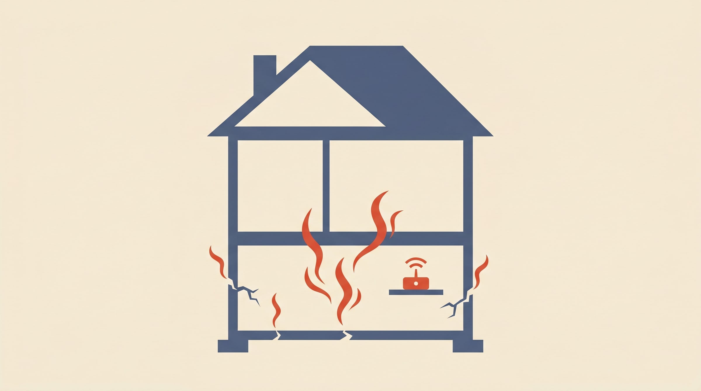 Flat-vector cutaway of a house with radon gas rising from the foundation into the lower level, with a radon detector inside — radon in your home